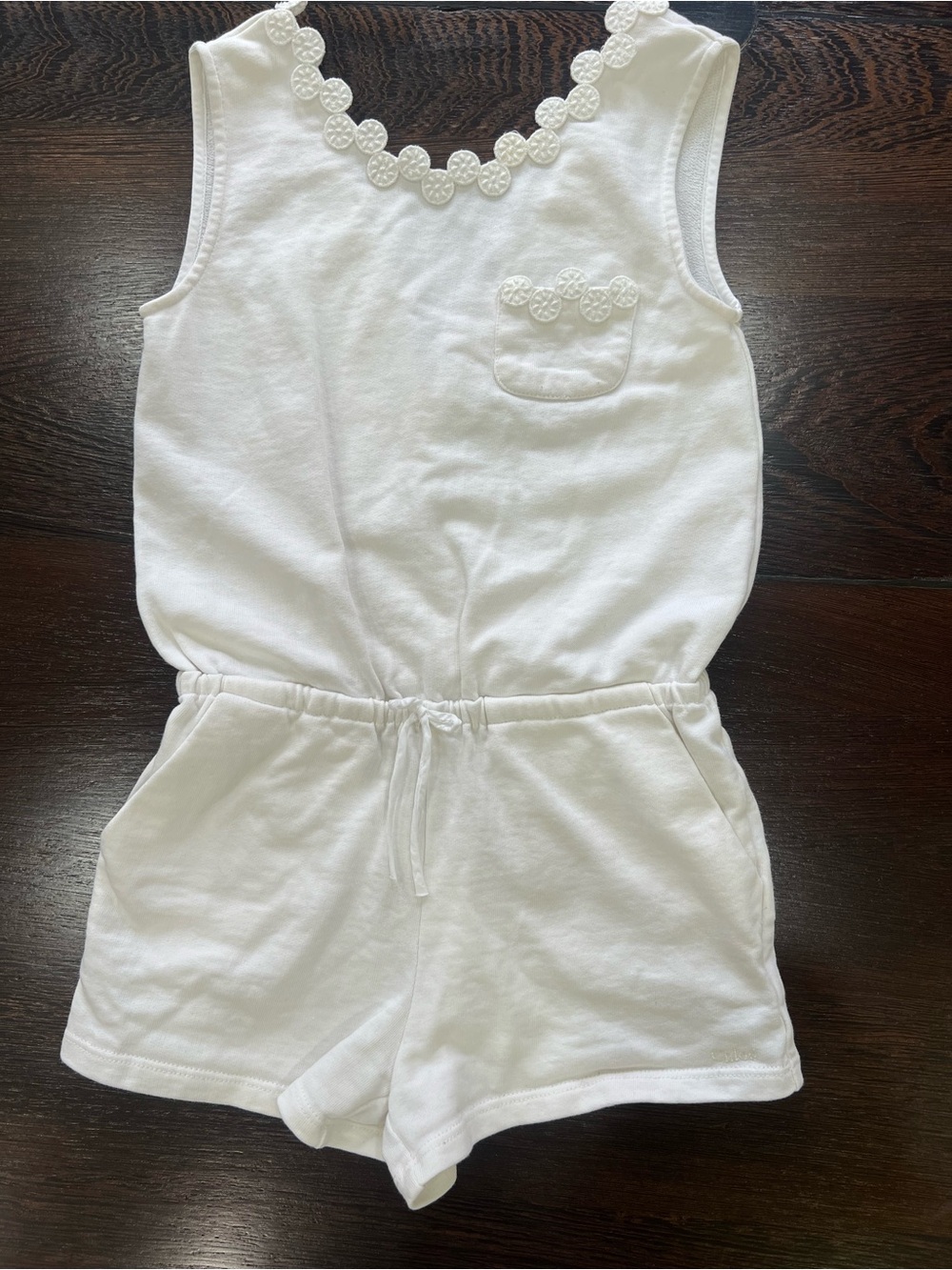 Chloe White Sleeveless Girls' Cotton Romper with Floral Trim